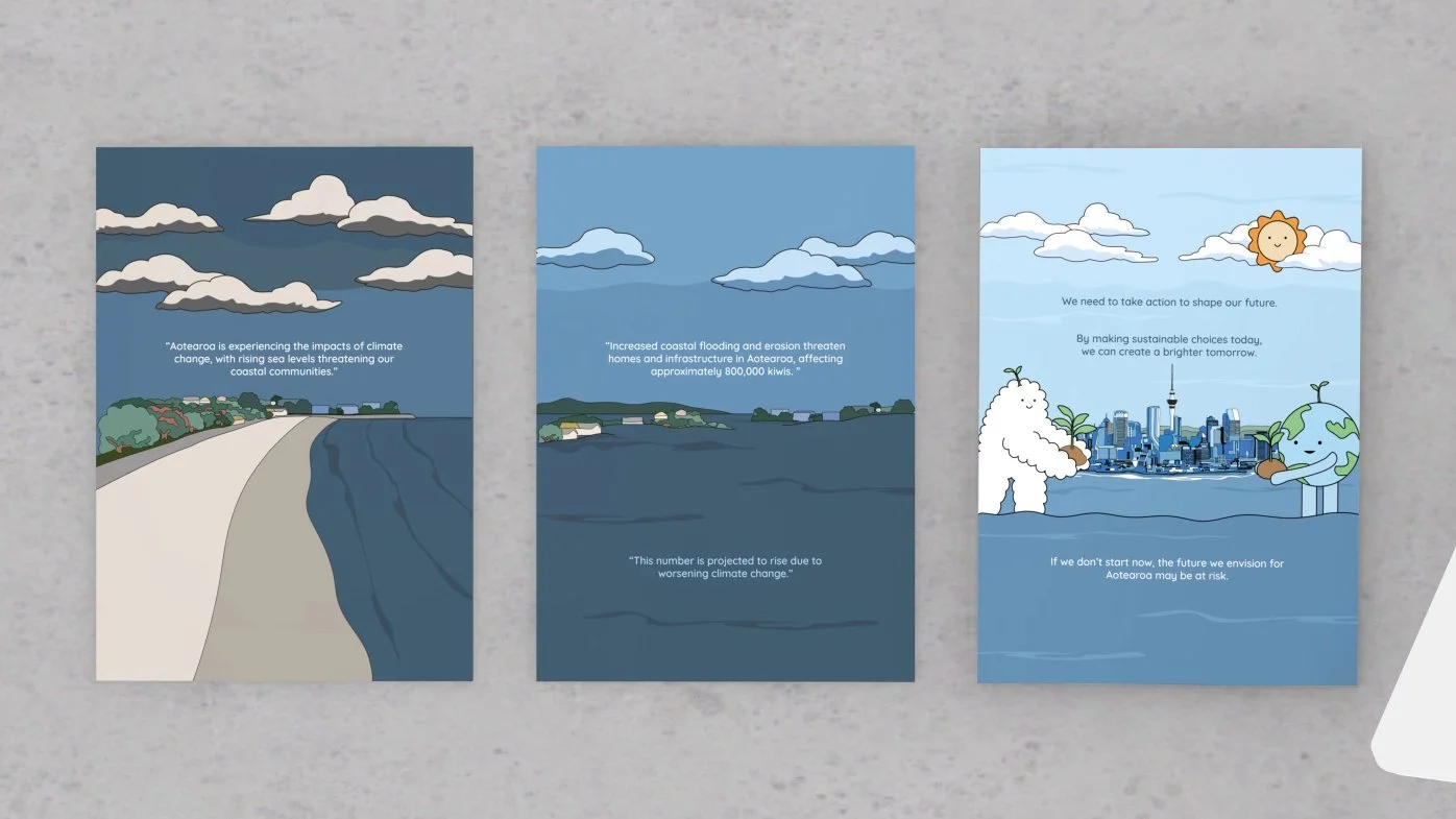 Three illustrated panels discussing climate change impacts on Aotearoa, featuring clouds, water, and environmental motifs.