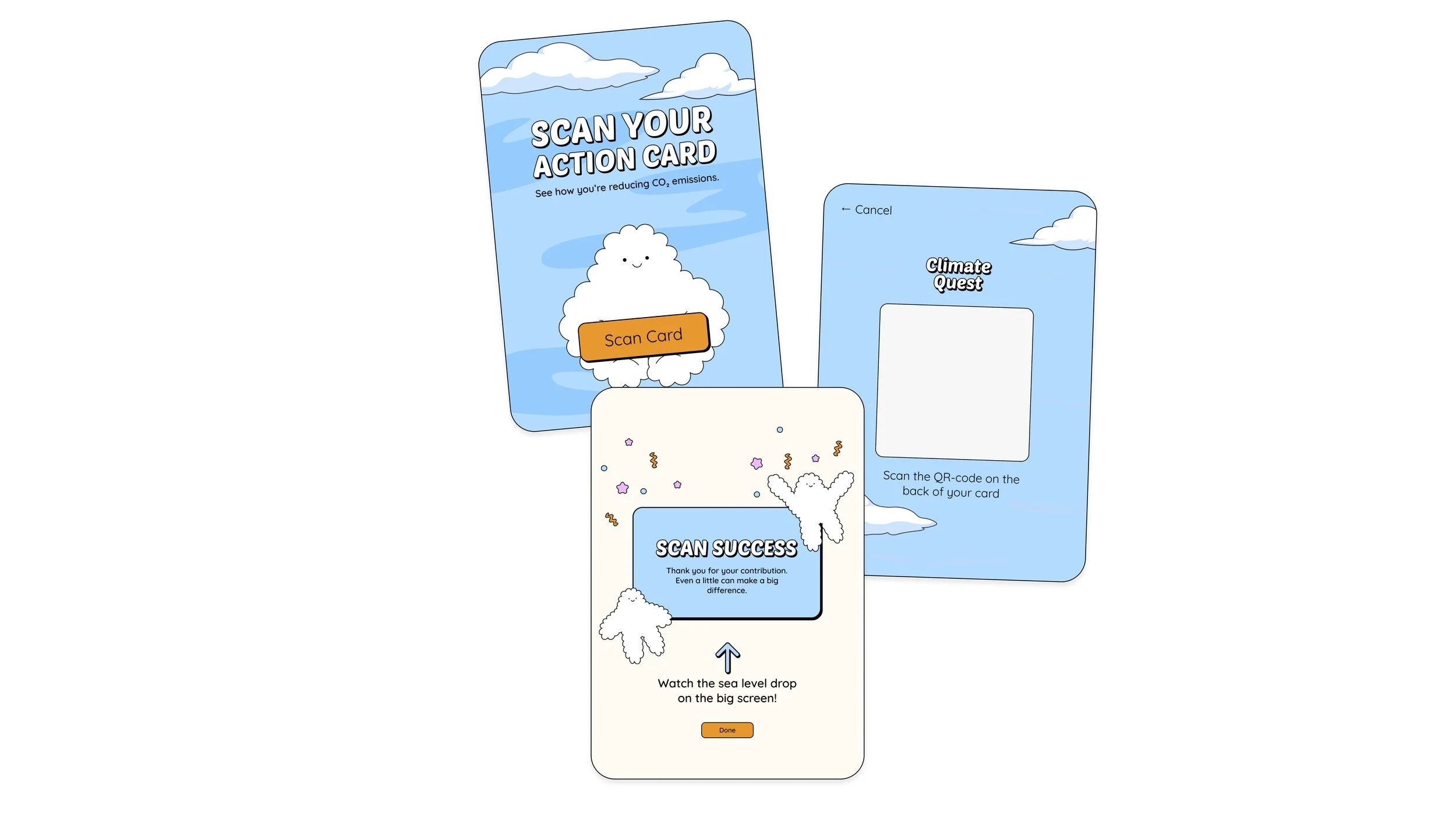 Mobile app screens with a blue sky and cloud theme, about reducing CO2 emissions. The first screen shows a smiling cloud with a 'Scan Card' button, the second screen features a 'Climate Quest' section with a QR code, and the third screen thanks the user for their contribution with a congratulatory message and animated confetti.