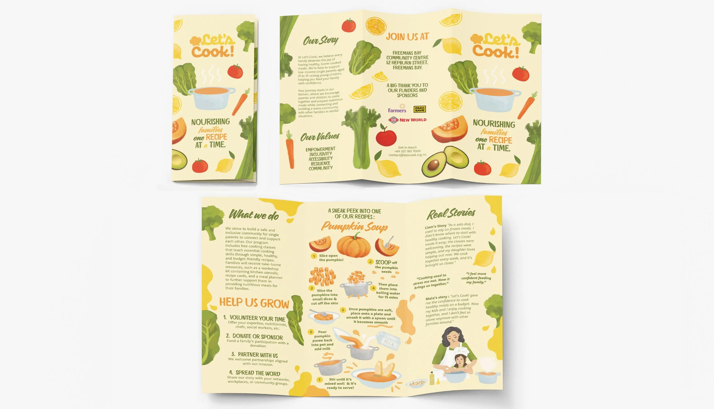 Colorful brochure for a community cooking program featuring vegetables and cooking illustrations, including tomatoes, lettuce, carrots, avocado, lemon, and a steaming pot of soup, with text about the program's story, values, and activities.