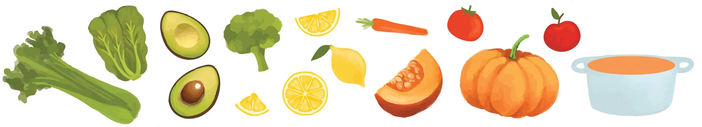 Illustration of various vegetables and fruits, including celery, lettuce, avocado, broccoli, lemon, carrot, tomato, pumpkin, squash, and a pot of soup.