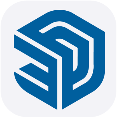 A geometric logo with interlocking blue shapes forming a hexagon against a gray background.