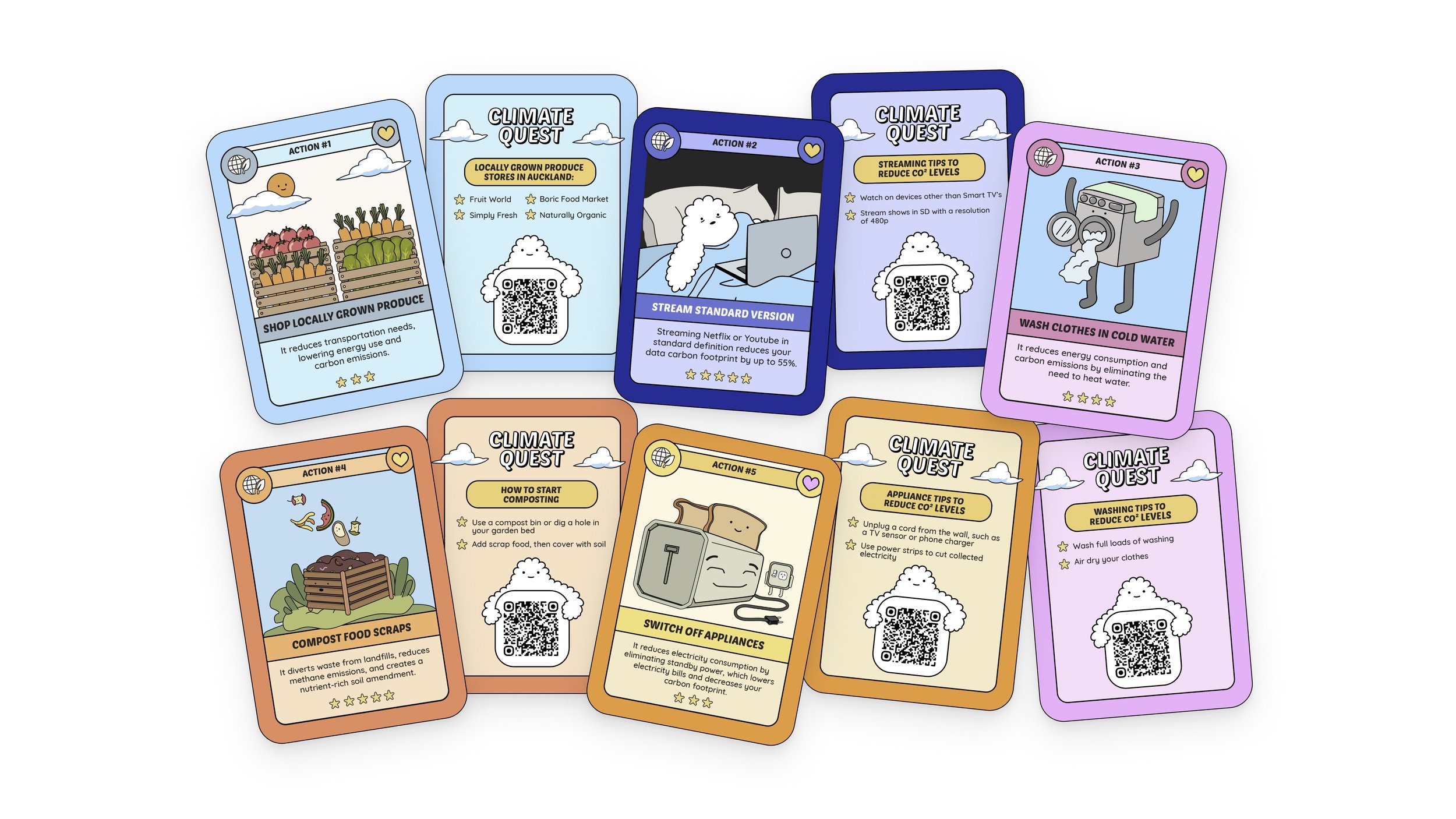 A collection of colorful illustrated cards with climate action tips and actions, including topics like local produce shopping, streaming tips to reduce carbon footprint, washing clothes in cold water, composting, switching off appliances, and reducing energy use.
