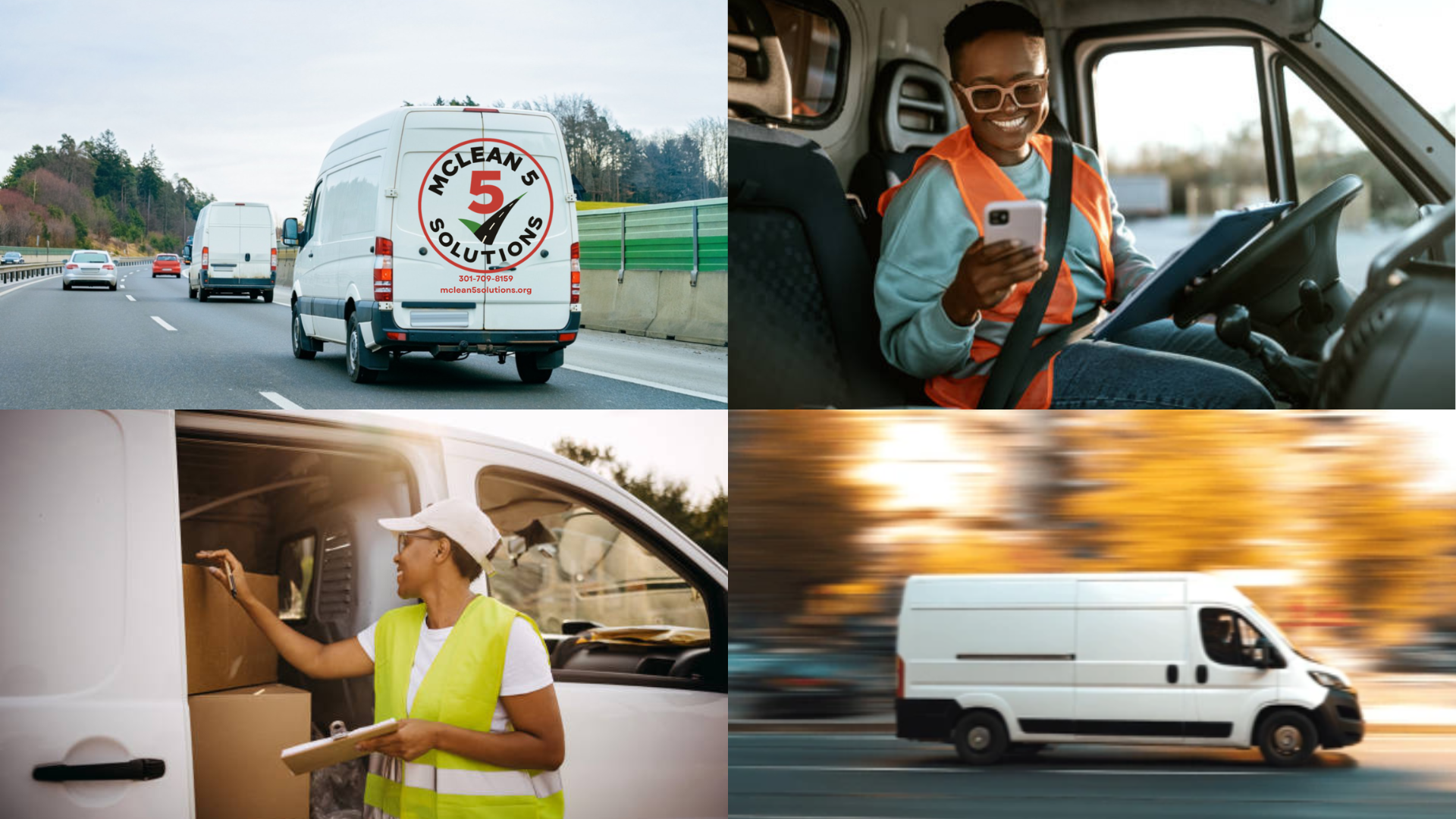 A collage of four images showing different delivery and transportation scenes: top left, a white van with a logo for McLean 5 Solutions driving on a highway; top right, a smiling woman in safety glasses and an orange vest using a smartphone inside a vehicle; bottom left, a woman in a yellow safety vest and white cap loading boxes into a van; bottom right, a white delivery van driving on a highway with a blurred background of trees.