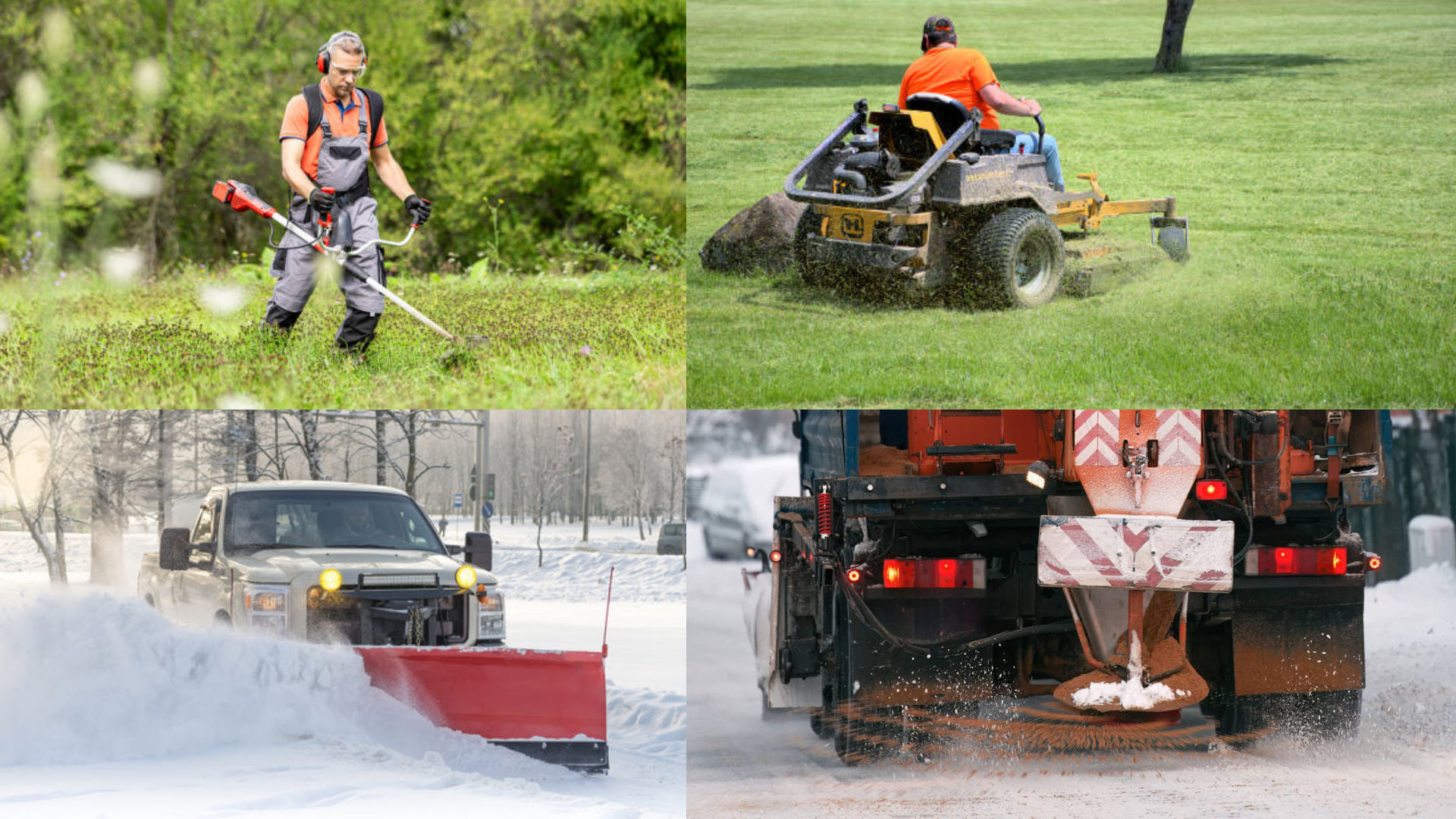 A collage of four images showing different outdoor work activities. The top left features a man using a grass trimmer in a green, wooded area. The top right shows a person operating a lawn mower on a grassy field. The bottom left depicts a vehicle with snowplow attachments in a snowy environment. The bottom right displays a snow-covered street with a road snow removal machine actively clearing the snow.