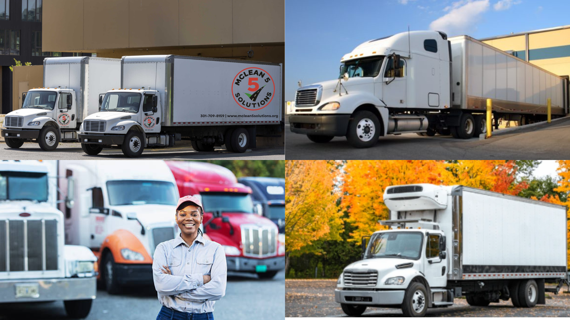 Collage of multiple trucks parked outdoors in various settings, including one with the logo of McLean 5 Solutions, a woman smiling and standing in front of trucks, and a background of colorful autumn trees.