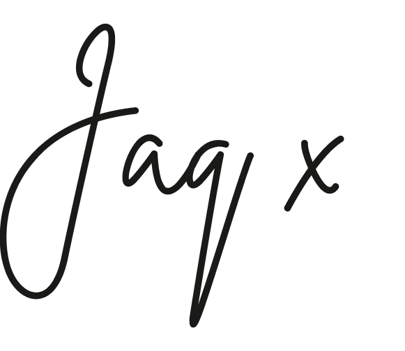 A black script-style text that says "Jaq x".