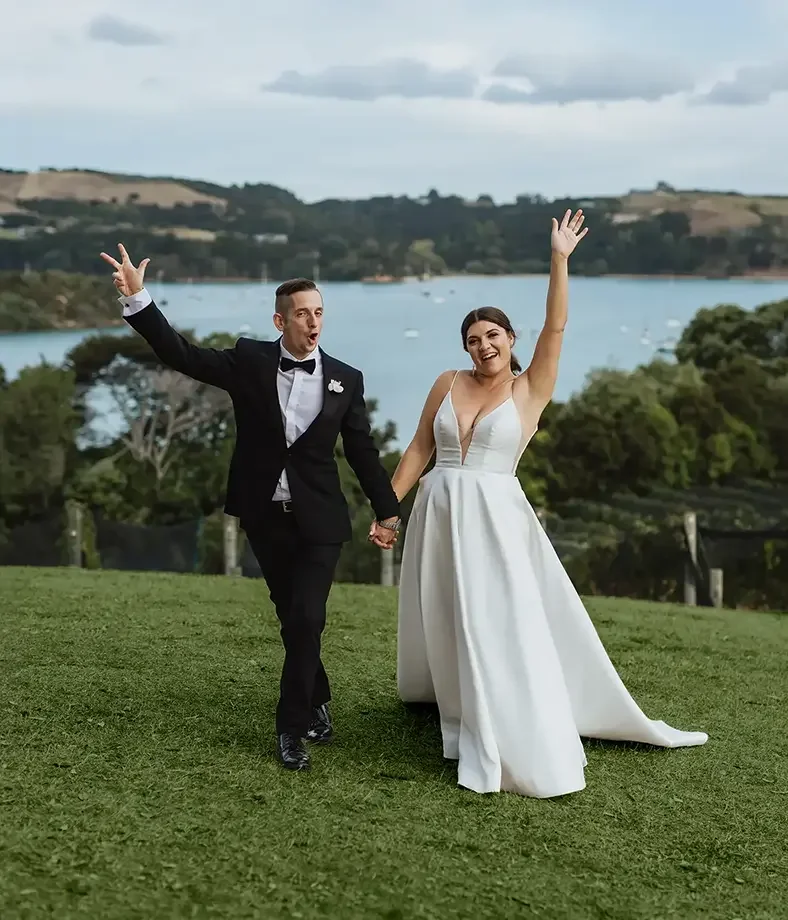Brooke and Jono at a Goldie Estate wedding venue on Waiheke Island New Zealand
