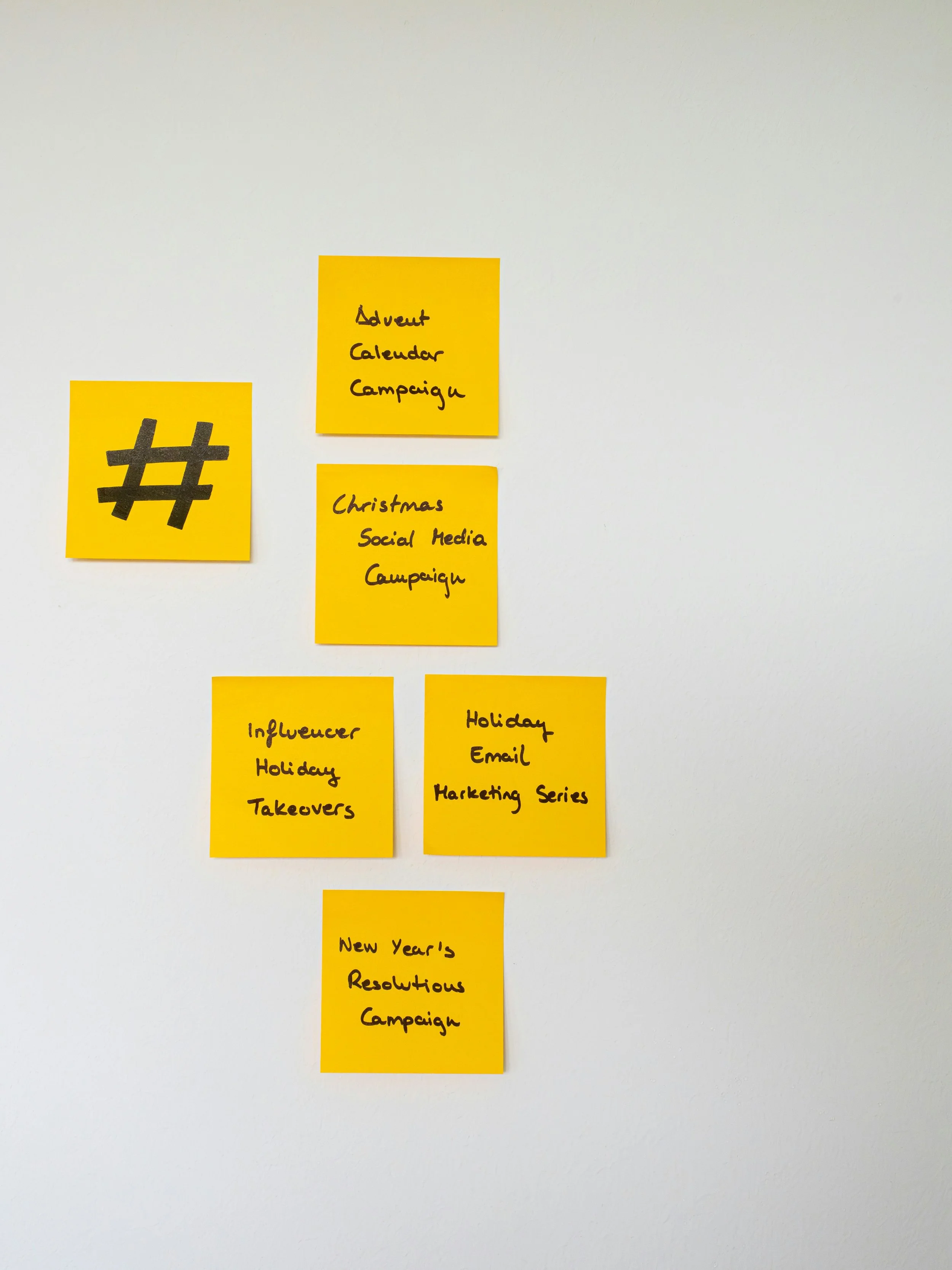 White wall with six yellow sticky notes. One has a large hashtag symbol on it. The others outline various winter holiday campaigns.