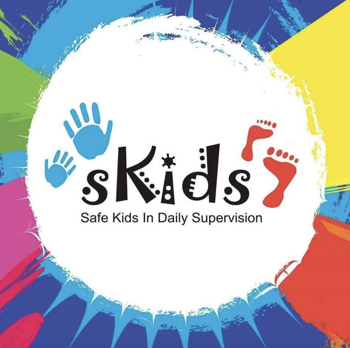 Colorful graphic with the word 'skids' in playful letters, surrounded by blue handprints and red footprints. Text below reads 'Safe Kids In Daily Supervision'.