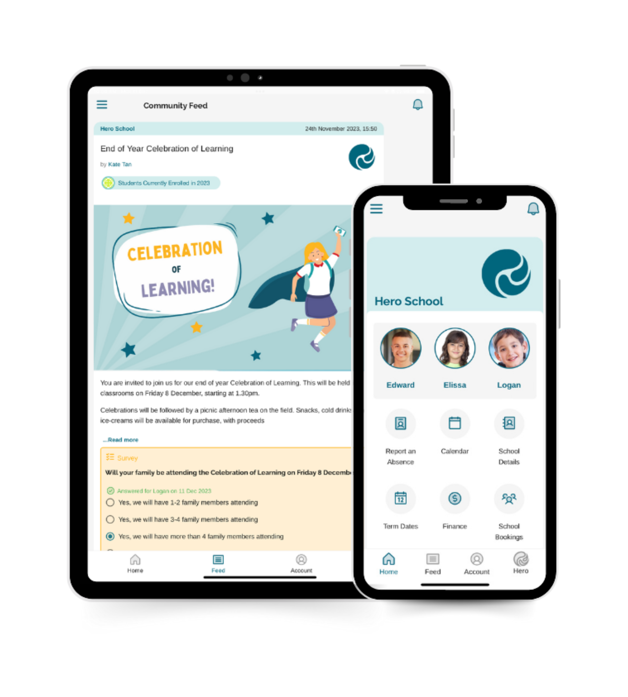 Screenshots of a mobile app interface for a community event titled "End of Year Celebration of Learning" at Hero School, displaying event details, registration options, and a list of student participants, with navigation icons at the bottom.