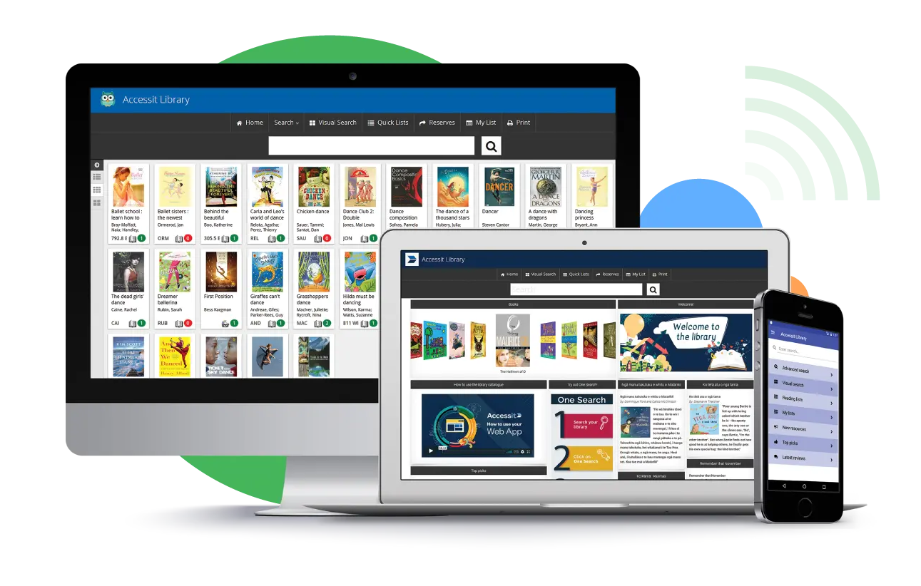 Multiple digital devices displaying a library website with book covers, search options, and library resources.
