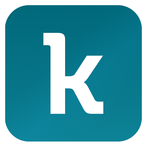 Logo with a white lowercase 'k' on a teal background.