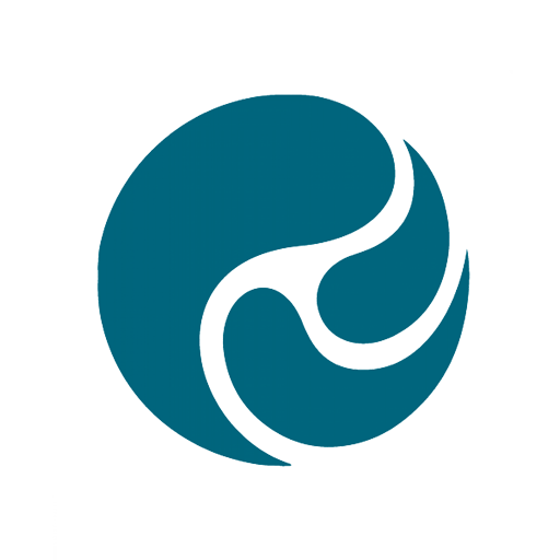A teal circle with white abstract lines inside