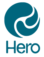Hero logo featuring a stylized white flame on a teal circular background