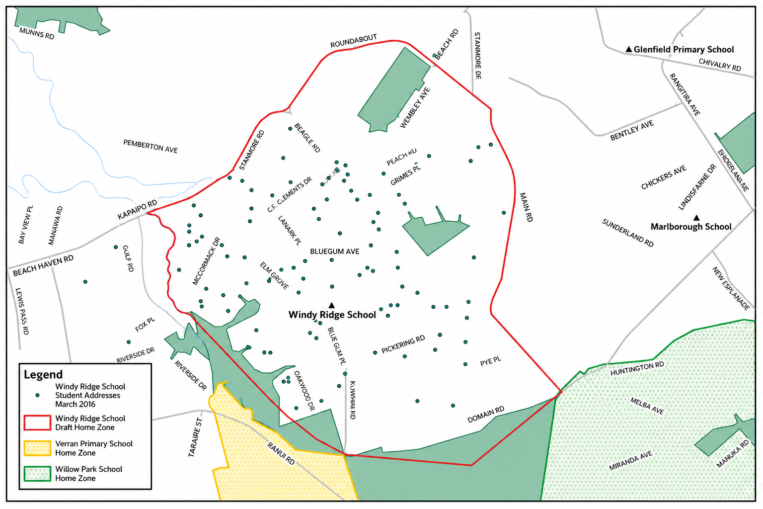 Map showing Windy Ridge School boundaries outlined in red, with student addresses marked by green dots. The map features multiple roads and parks, with key locations including Windy Ridge School, Marborough School, and Willow Park School, each marked with black triangles. The legend indicates the zones for these schools and some neighborhood boundaries.