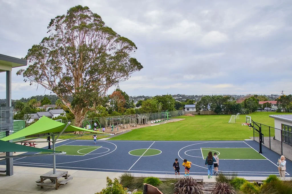 A school playground with a basketball court, children playing, a large tree, sports fields, and playground equipment, with a cloudy sky overhead.