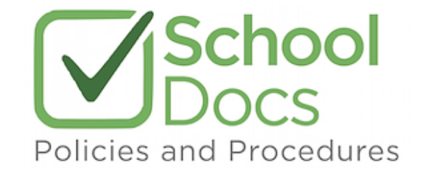 Logo for School Docs with a green checkmark inside a green square and the words 'School Docs' in green, followed by 'Policies and Procedures' in black.