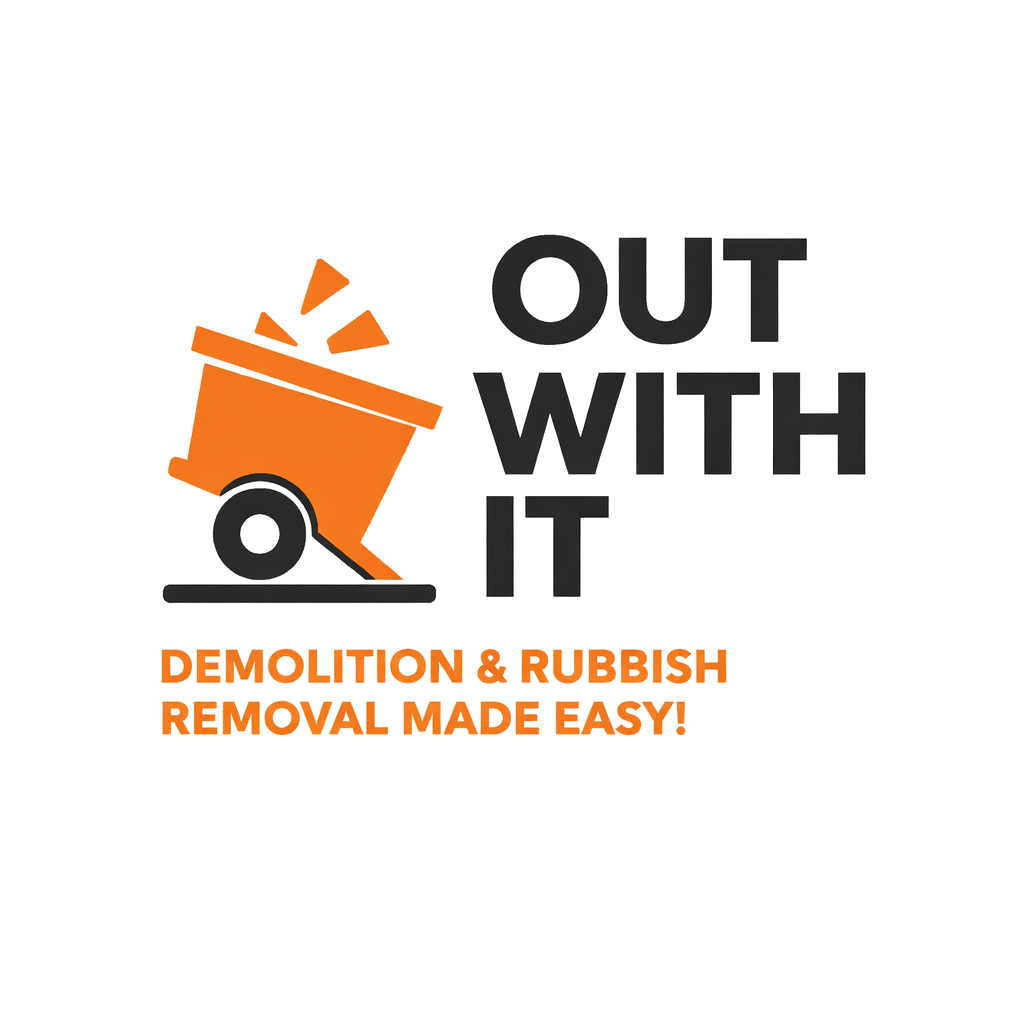 Graphic advertising demolition and rubbish removal services with a tipped orange trash bin and bold black and orange text that says "OUT WITH IT" and "DEMOLITION & RUBBISH REMOVAL MADE EASY!"