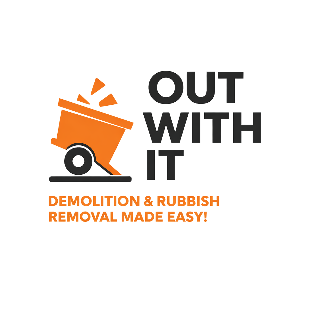Graphic with orange trash bin and bold black and gray text that says 'OUT WITH IT,' followed by orange text that states 'DEMOLITION & RUBBISH REMOVAL MADE EASY!'