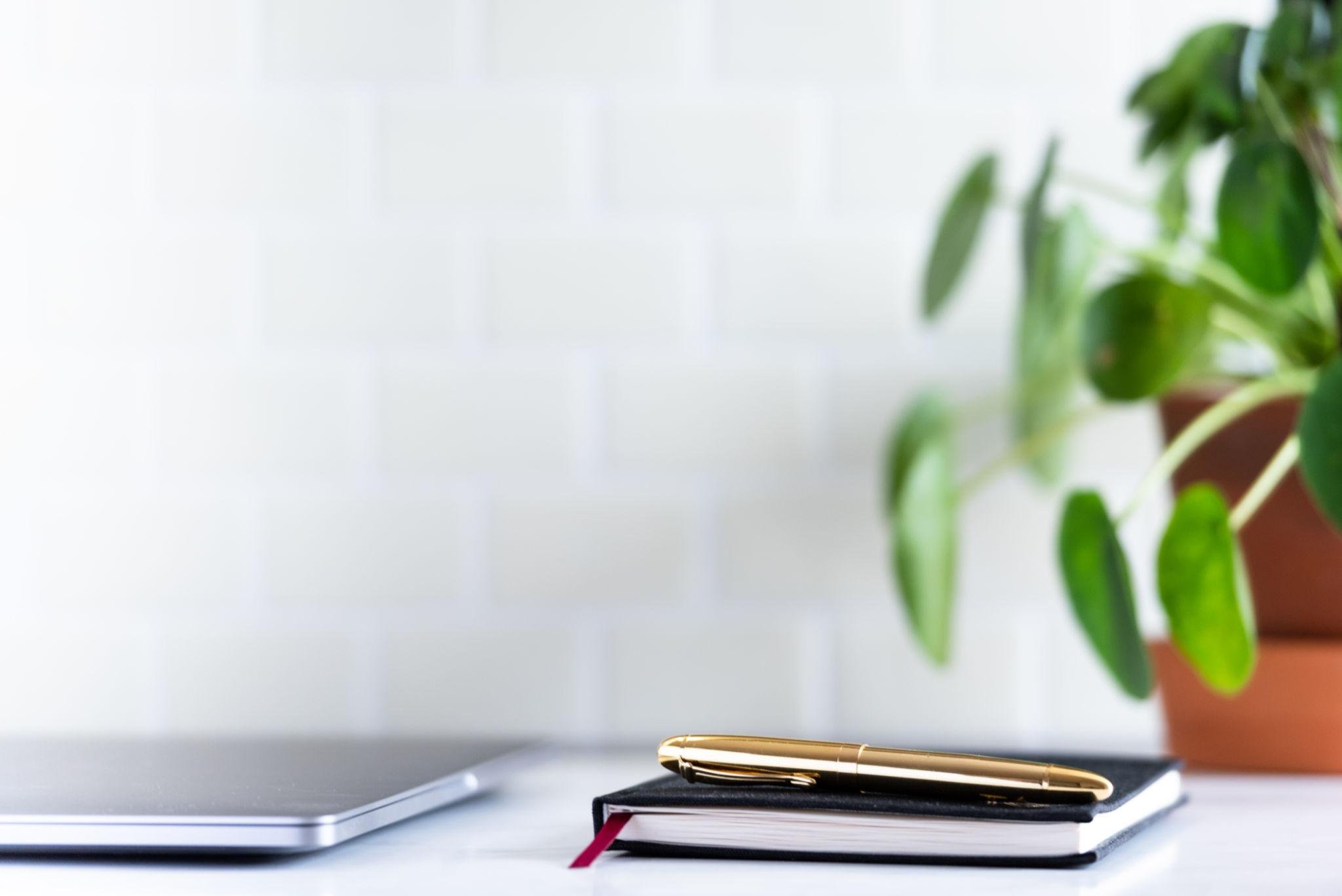 A workspace with a closed laptop, a closed notebook with a red bookmark ribbon, a gold pen, and a yellow plant in the background.