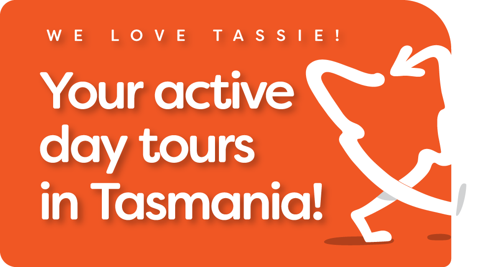 Orange banner with white text promoting day tours in Tasmania, with the headline "Your active day tours in Tasmania".