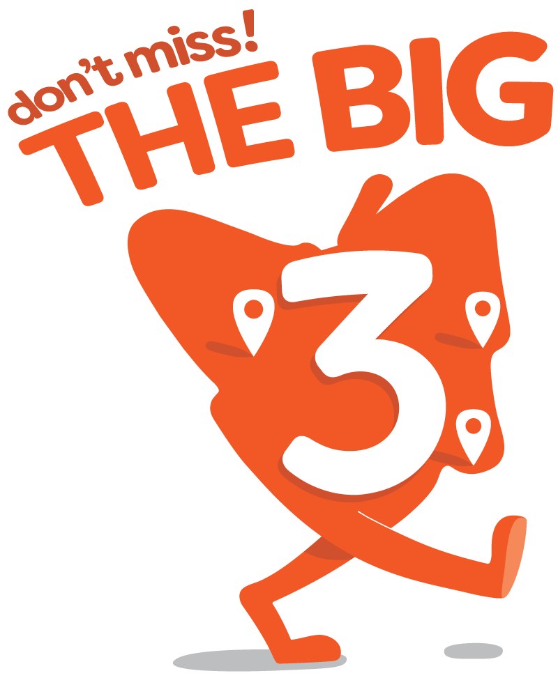 A stylised orange map of the state of Tasmania with the text "Don't miss! THE BIG 3" in orange, and the number 3 with location pins around it. A cartoon character version of Tasmania walking along forms the background.