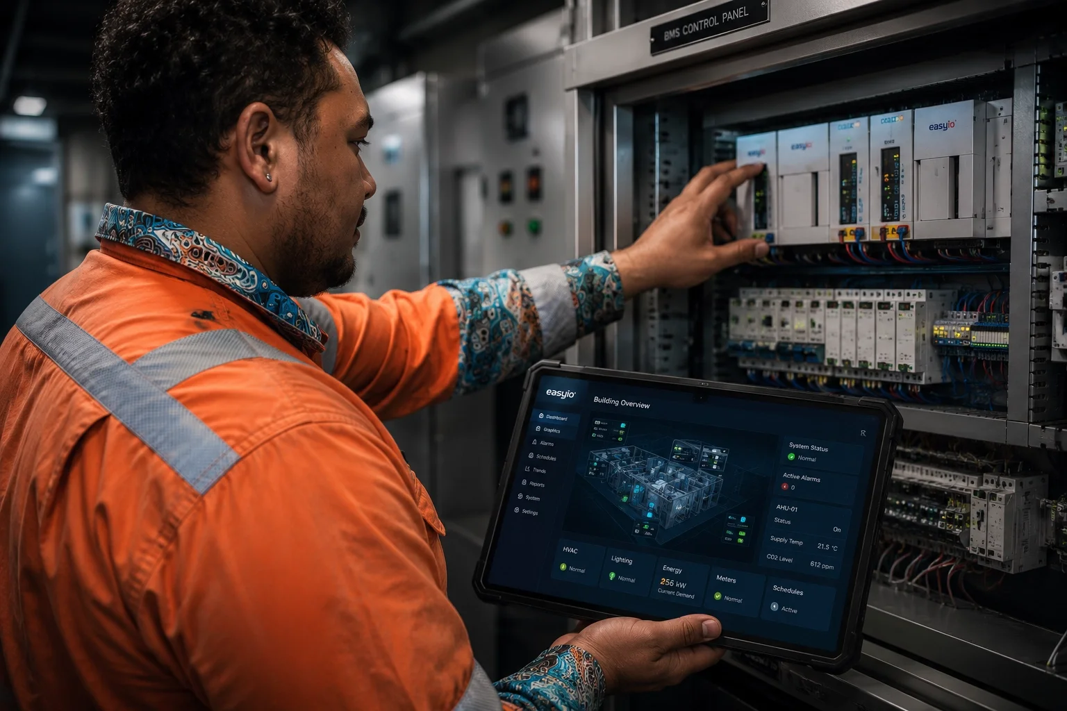 TEC Automative technician working on an Easyio building management system.