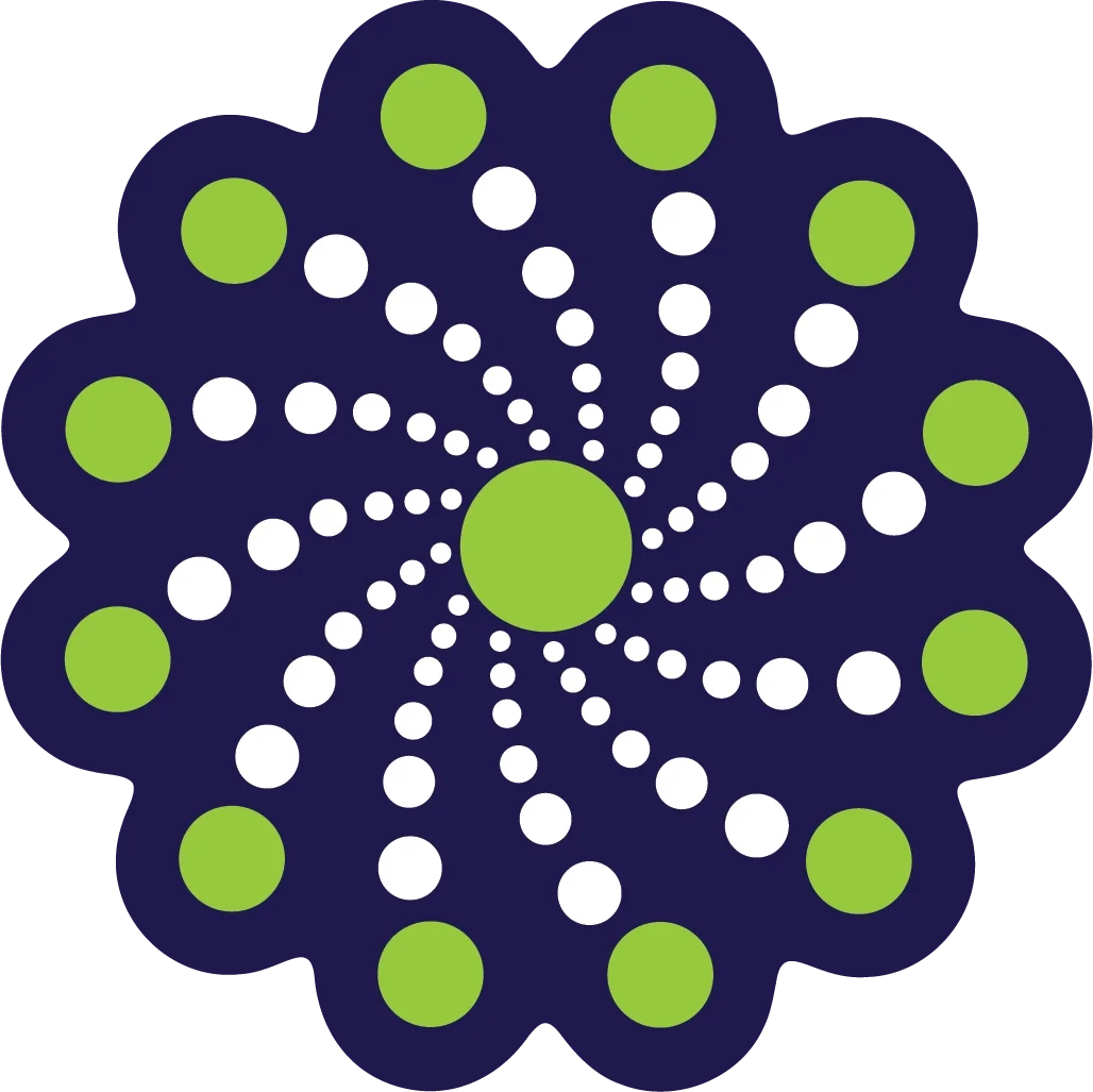 A geometric, abstract pattern featuring a central green circle surrounded by a starburst of white dots decreasing in size and interconnected with green dots, on a dark navy background.