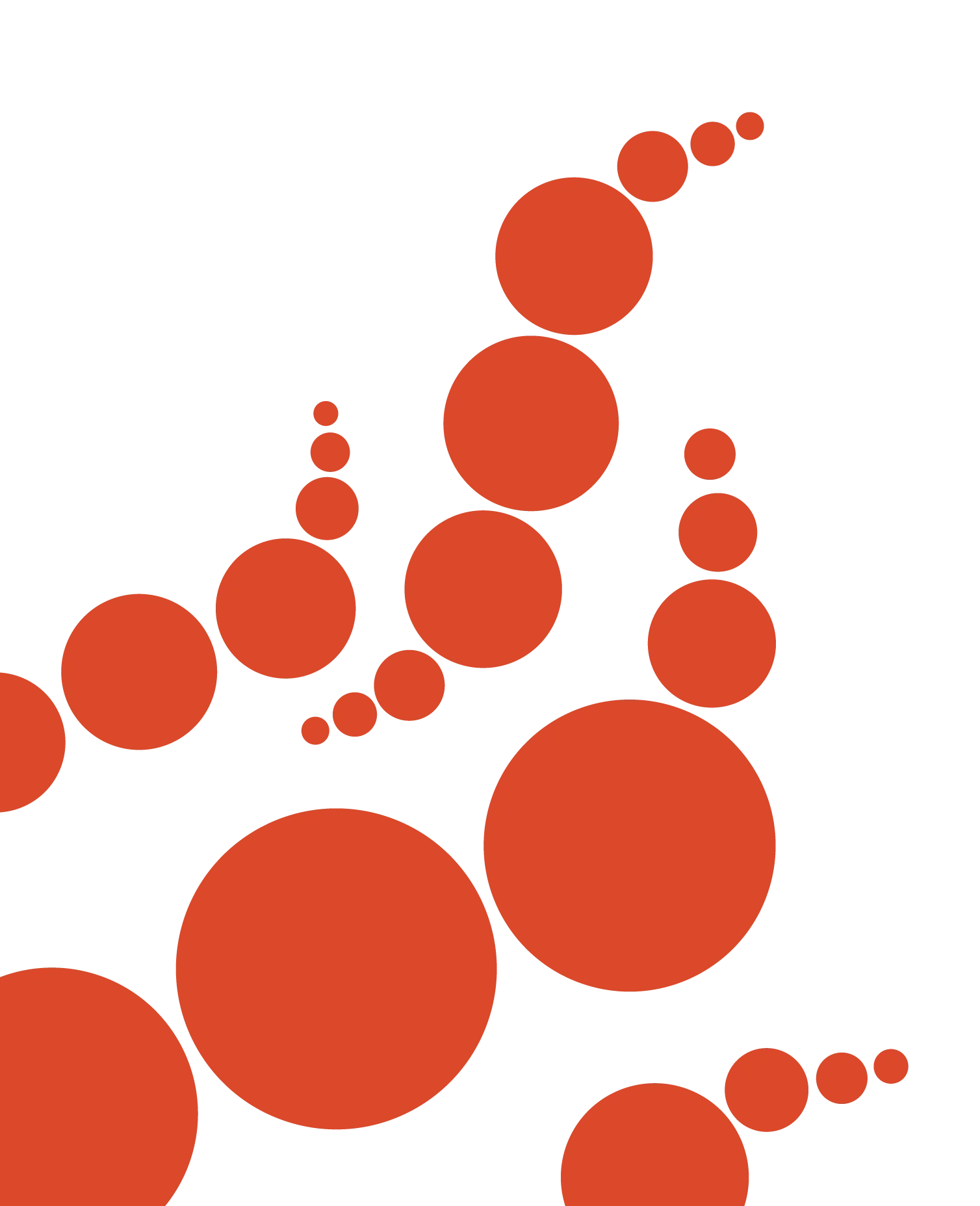 A graphic illustration of red circles of varying sizes connected by lines, forming a network or molecular structure.