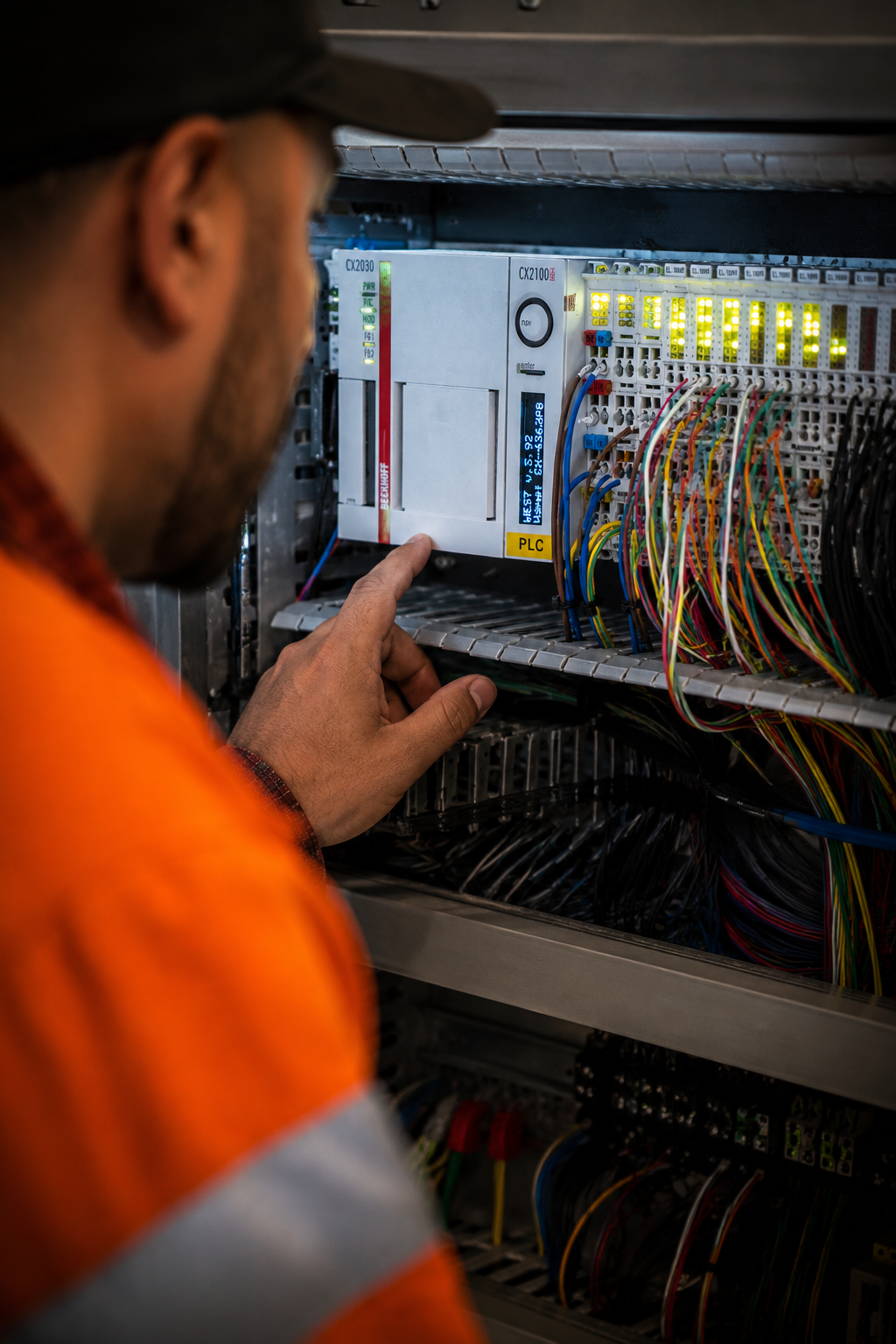 TEC Automation technician programming an industrial PLC control system