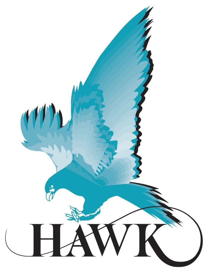 A stylized blue hawk with wings spread, perched over the word 'HAWK' in black capital letters.