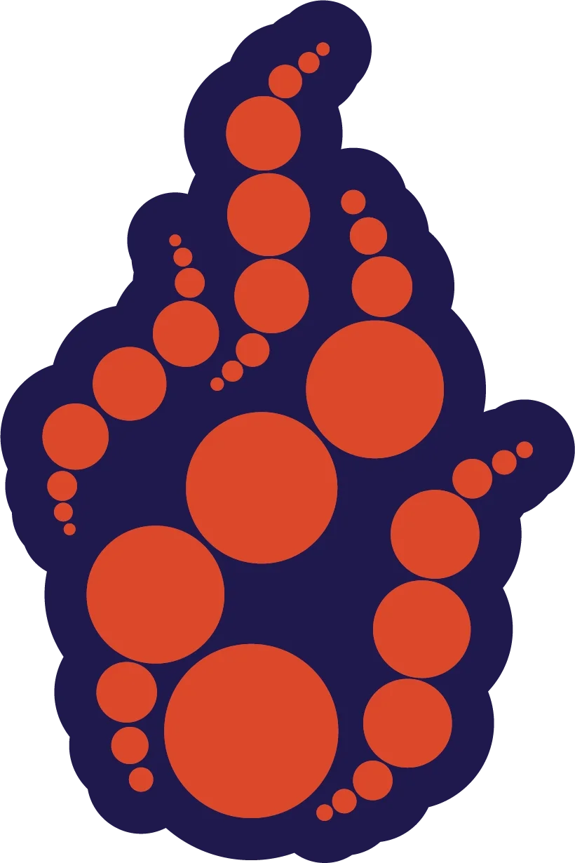 An abstract illustration of a cluster of orange circles on a dark blue background.