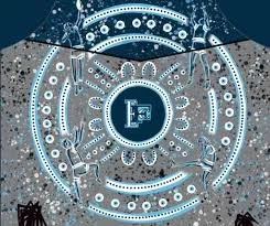 Design featuring the initials 'L' and 'F' in the center, surrounded by intricate patterns of circles and lines in shades of blue and white.