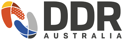 Logo of DDR Australia with abstract shapes in red, orange, gray, and blue above the text 'DDR Australia'.