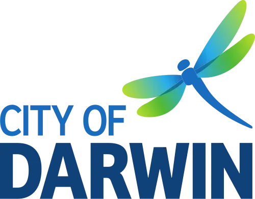 Logo of the City of Darwin featuring a stylized dragonfly with green and blue wings.