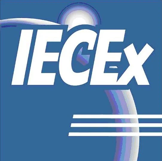 Logo of IECEx with stylized text and abstract design elements in blue and white.