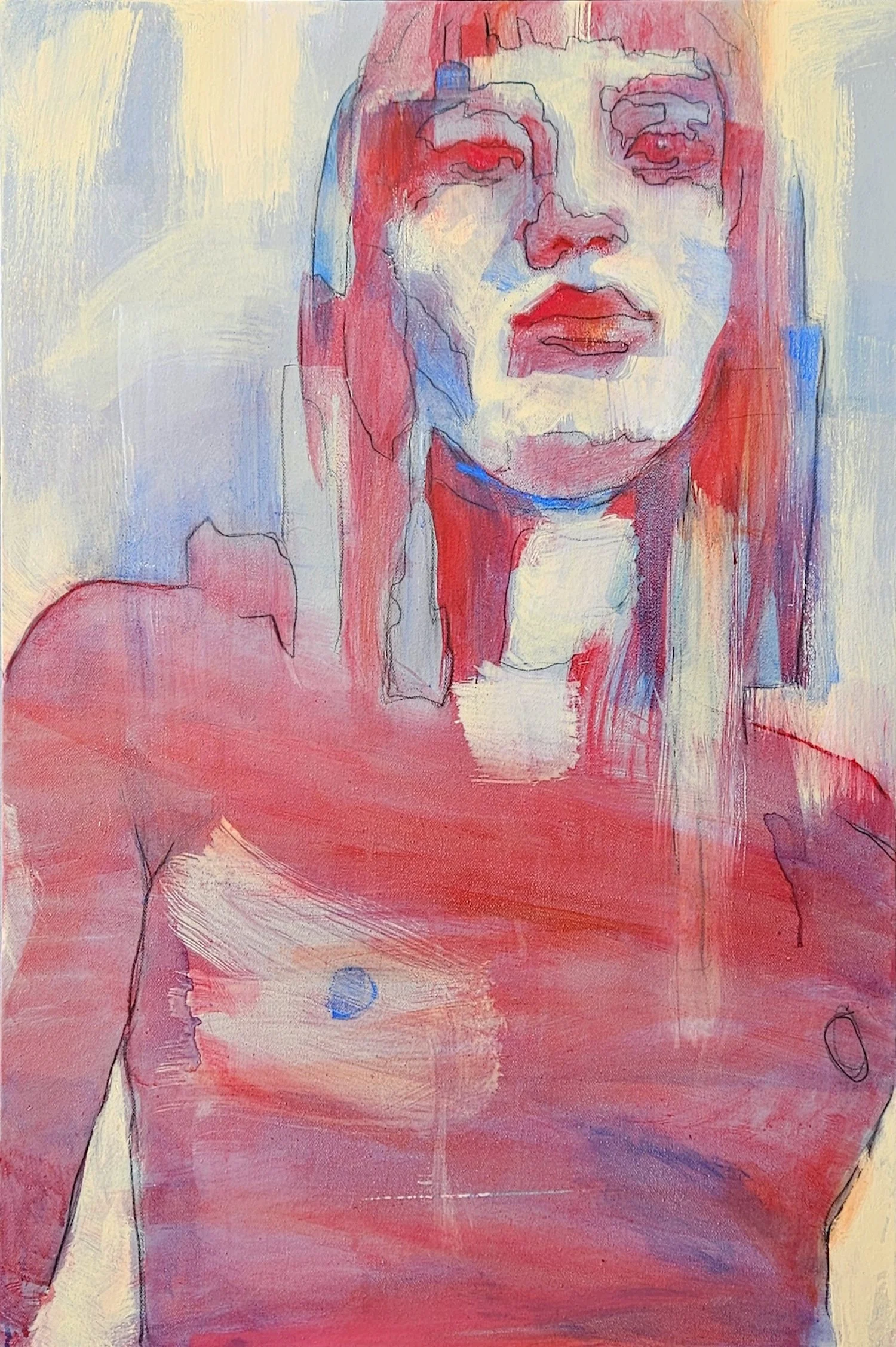 A colorful abstract portrait of a woman with long hair, painted in reds, pinks, blues, and light hues, with prominent lips and faint facial features.