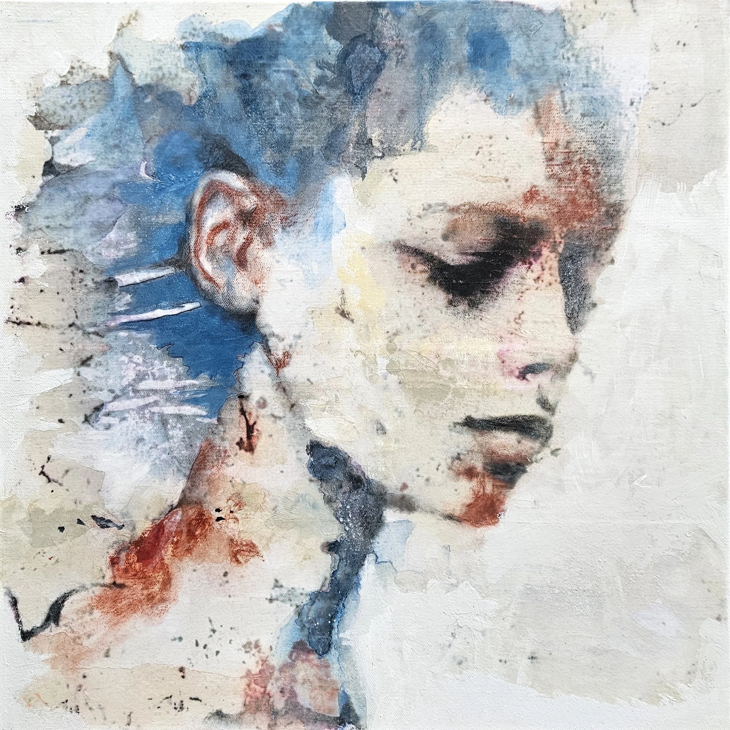 Abstract watercolor painting with blue, red, black, and beige colors on textured paper.