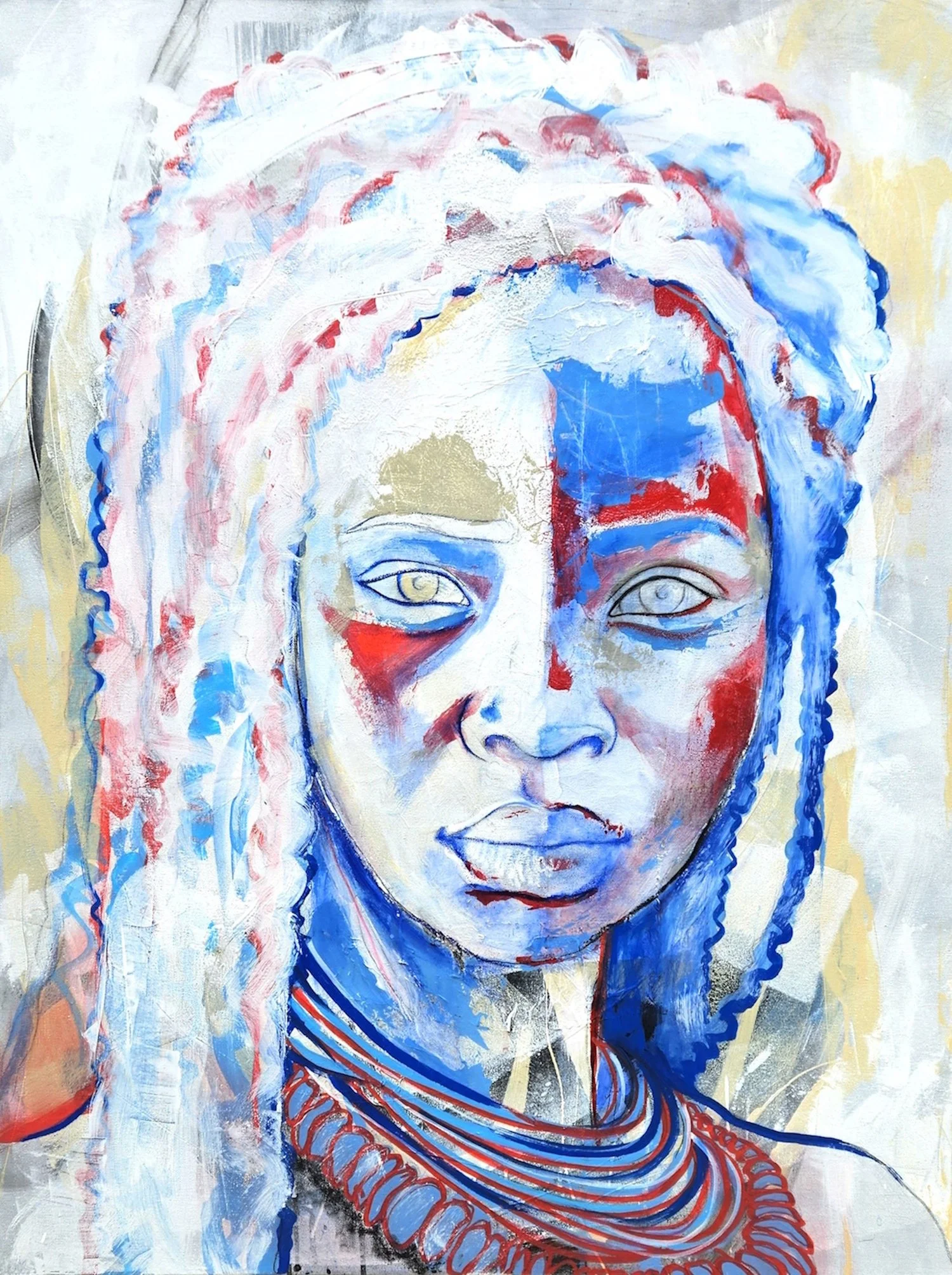 An abstract portrait of a person with blue and red brushstrokes depicting facial features, hair, and jewelry against a light background.