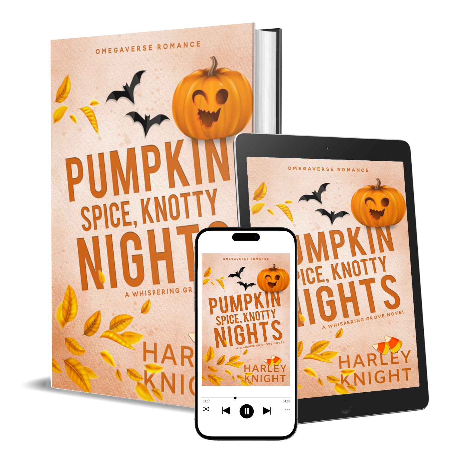 Multiple devices displaying the cover of a book titled 'Pumpkin Spice, Knotty Nights' by Harley Knight. The cover features a smiling jack-o'-lantern, flying bats, and falling autumn leaves on a peach-colored background.