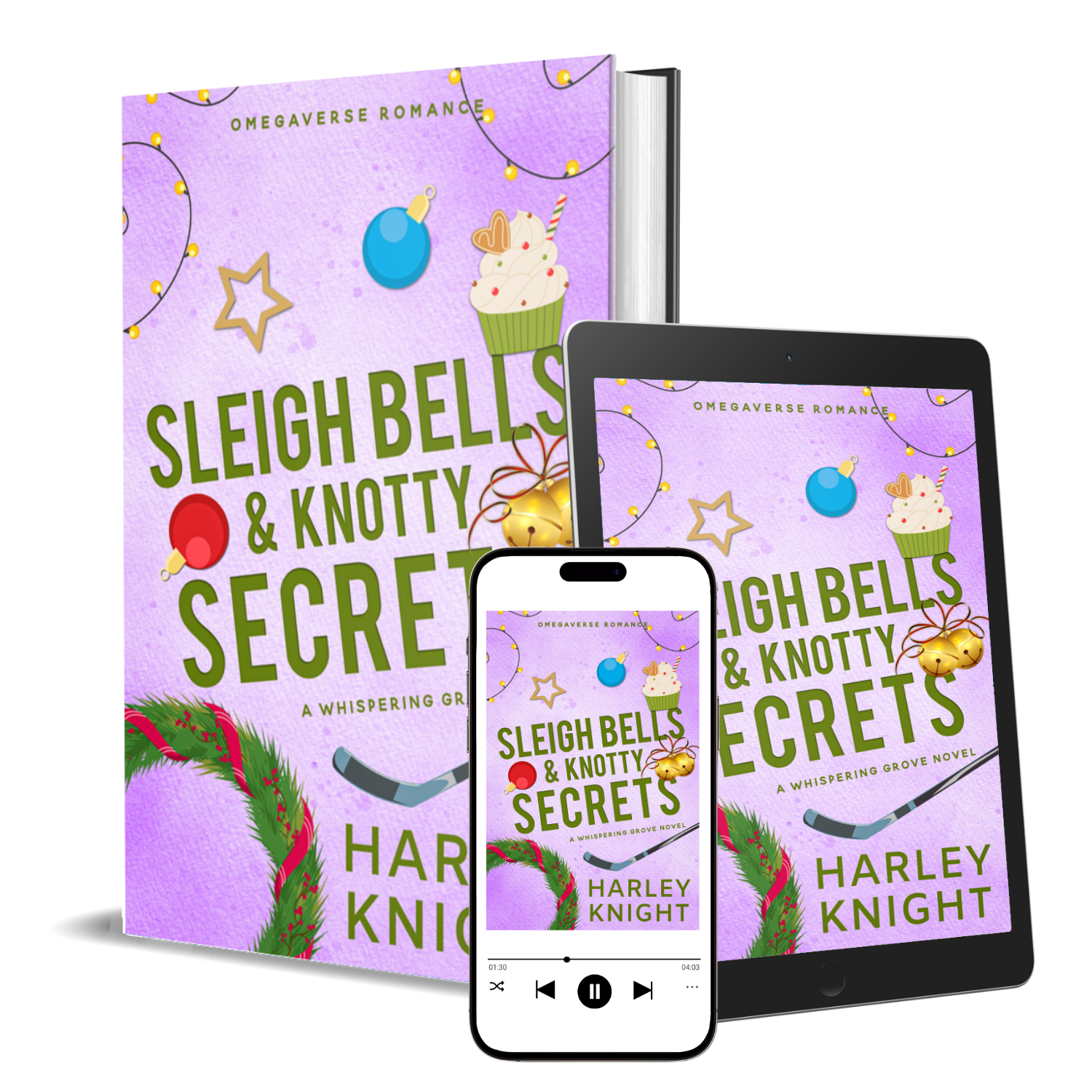 An e-book cover titled "Sleigh Bells & Knotty Secrets" by Harley Knight is displayed on multiple devices in a digital mockup, with holiday-themed decorations like a wreath, stars, ornaments, and string lights on a purple background.