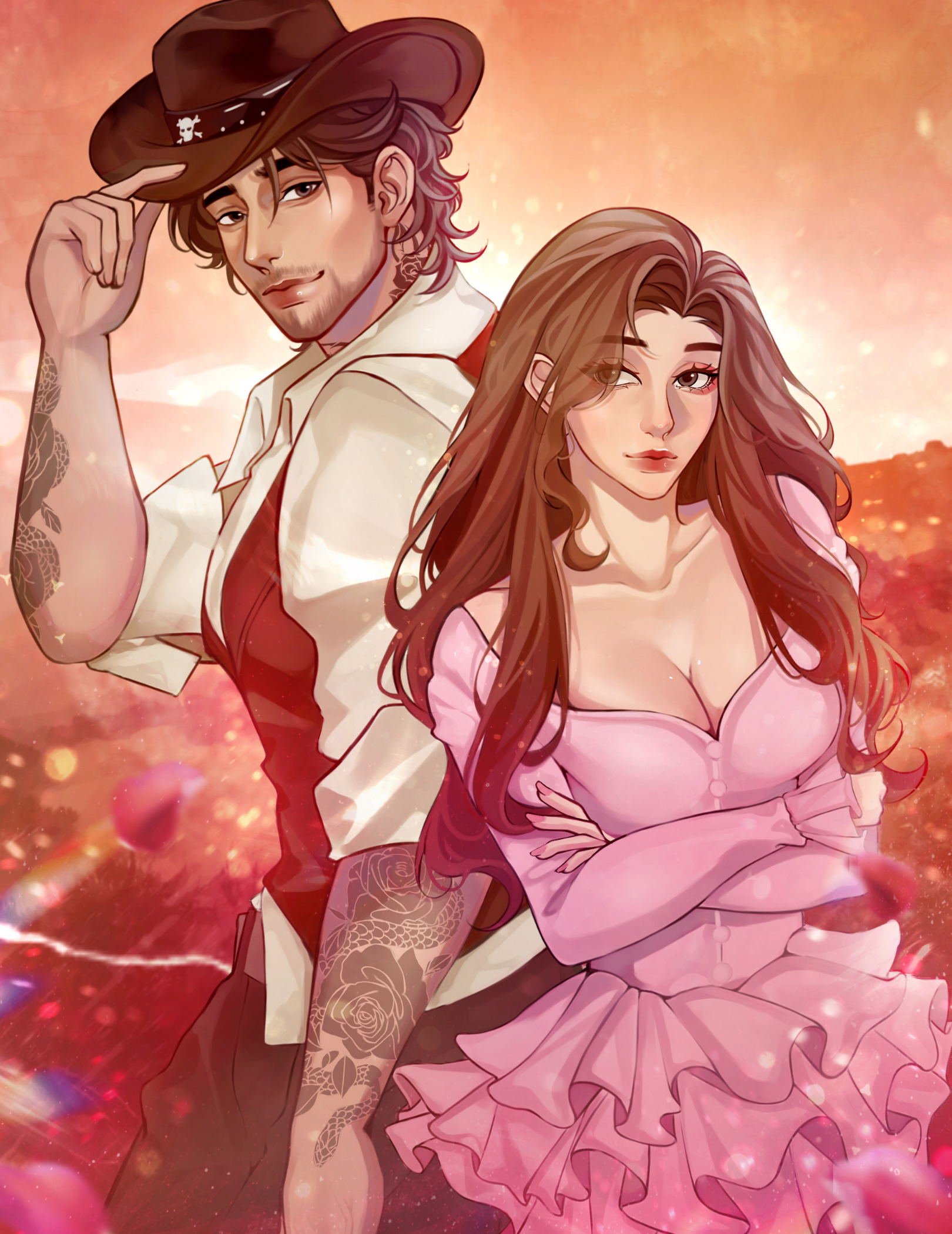 A digital illustration of a man and woman standing close together against a warm, glowing background with sparkles. The man has wavy hair, a beard, and is wearing a hat with a skull emblem, a white shirt, and red suspenders. The woman has long, wavy brown hair, and is dressed in a pink ruffled dress, winking with her arms crossed.