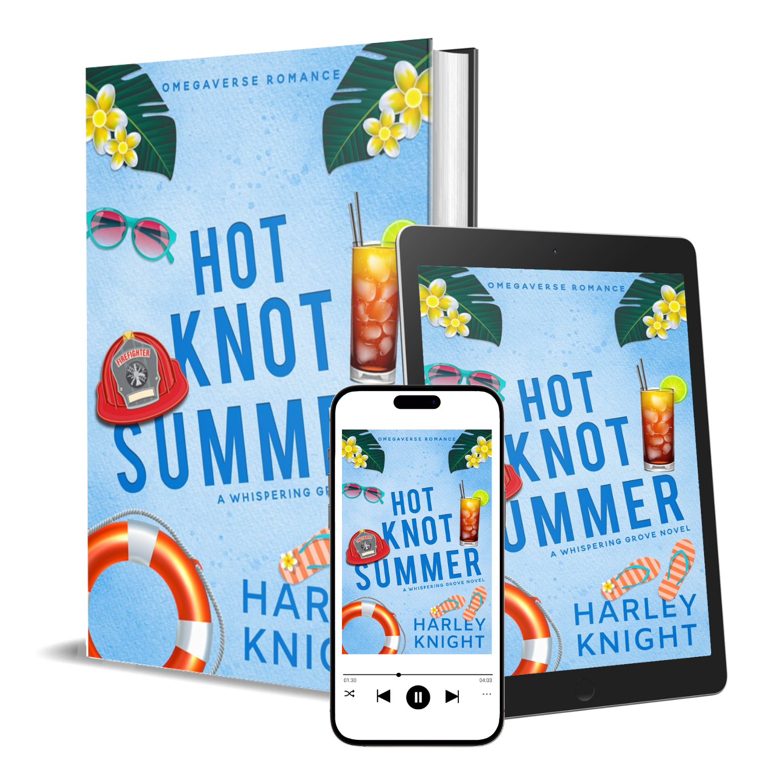 Multiple electronic screens and a mobile device displaying the cover of the book 'Hot Knot Summer' by Harley Knight, with tropical-themed illustrations such as flowers, palm leaves, sunglasses, a life preserver, and a drink, suggesting a summer or vacation theme.
