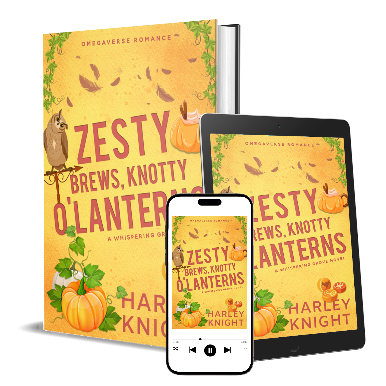 Digital and physical devices displaying the cover of a book titled 'Zesty Brews, Knotty Lanterns' by Harley Knight, featuring an autumn theme with pumpkins, leaves, and a perched owl.