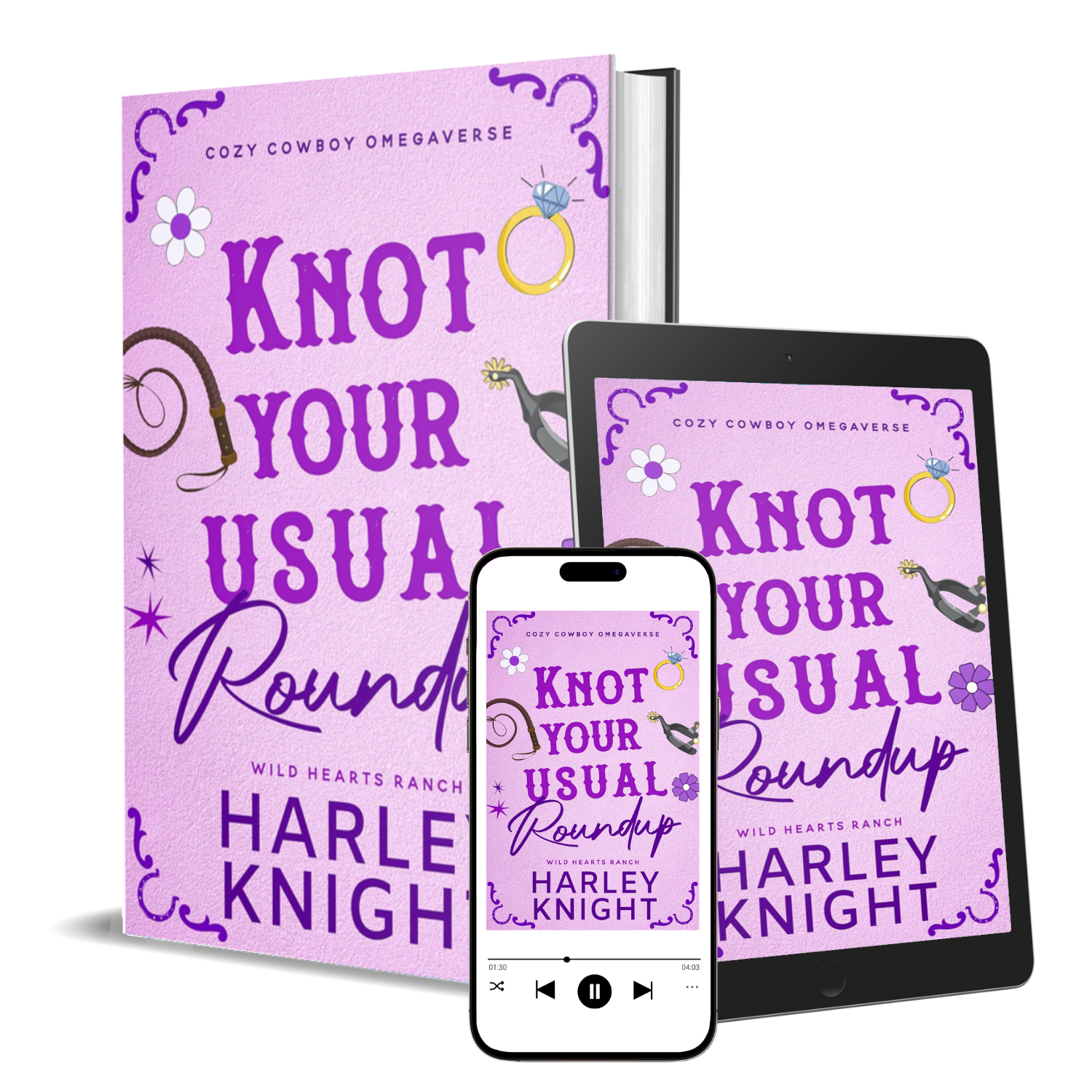 A book titled "Knot Your Usual Roundup" by Harley Knight displayed on multiple digital devices, including a smartphone, tablet, and e-reader, with a purple and pink cover featuring illustrations of a diamond ring, cowboy hat, and flowers.