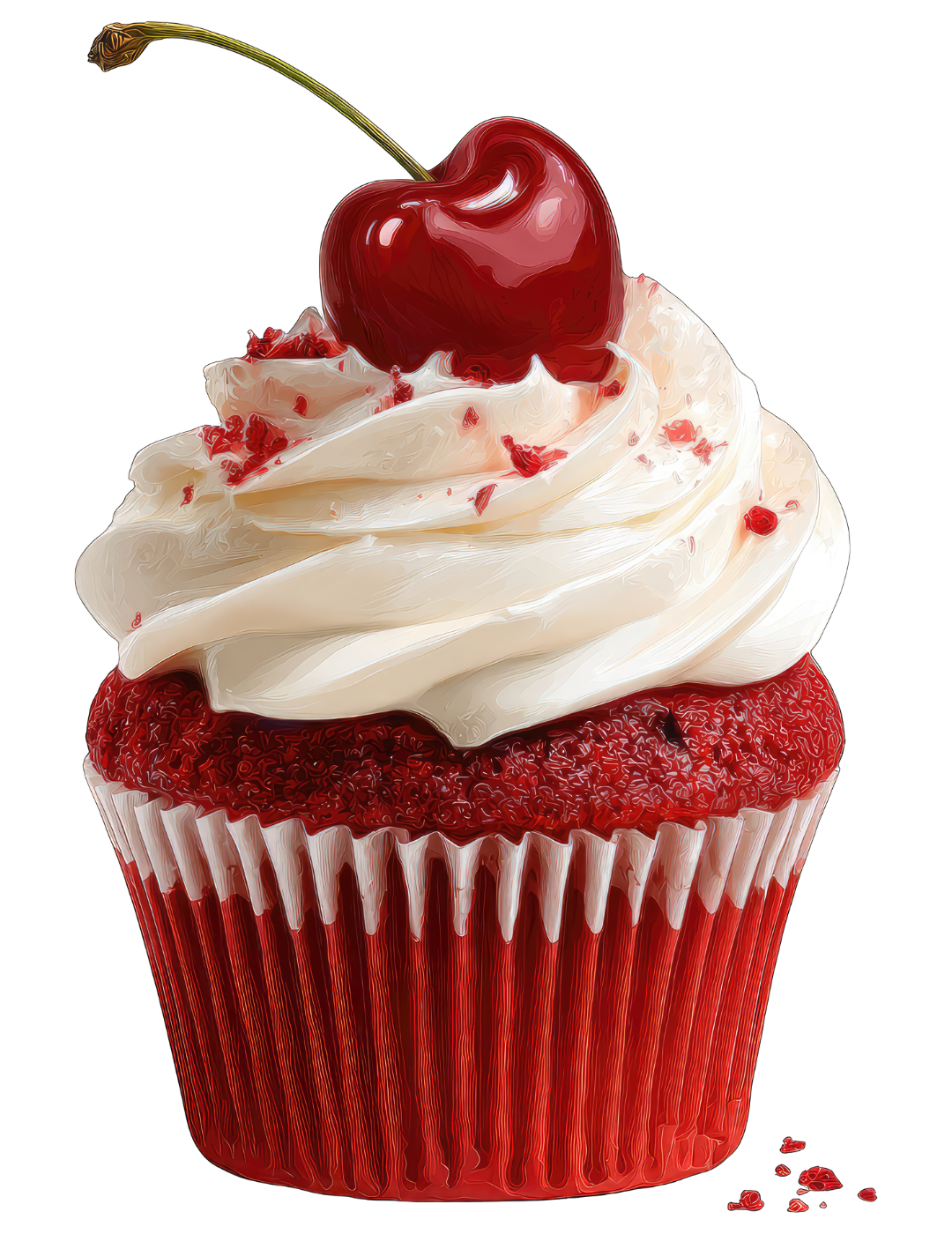 Close-up of a red velvet cupcake with white cream frosting, topped with a cherry and red sprinkles, against a black background.