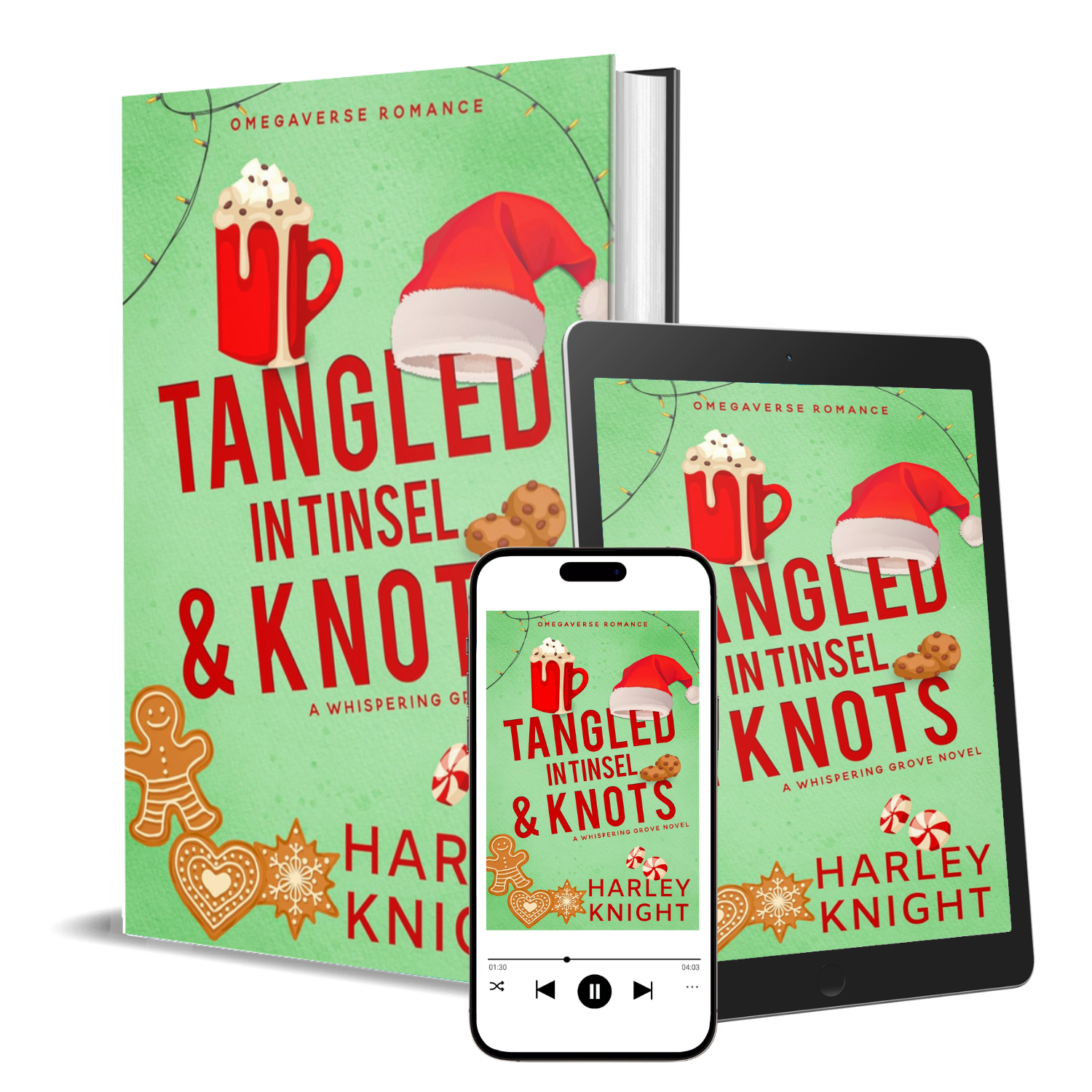 Book titled 'Tangled Tinsel & Knots' by Harley Knight with holiday-themed decorations and multiple electronic devices showing the same cover.