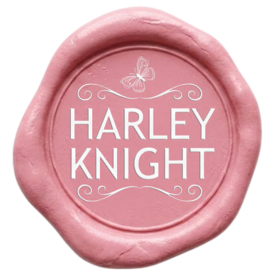 Pink circular sticker with a butterfly illustration and the text 'HARLEY KNIGHT' in the center.