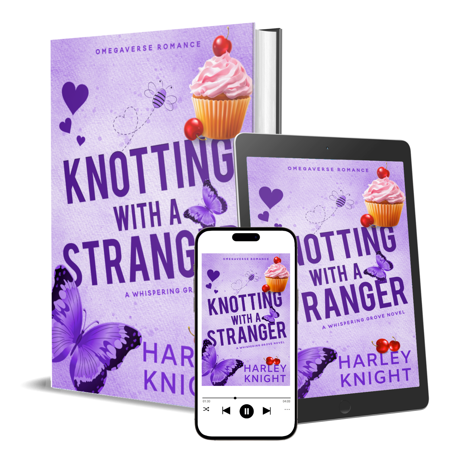 Multiple digital devices displaying the book cover of "Knotting with a Stranger" by Harley Knight, featuring a purple background with butterflies, hearts, bees, a cupcake with pink frosting and cherries, and the title in bold purple letters.