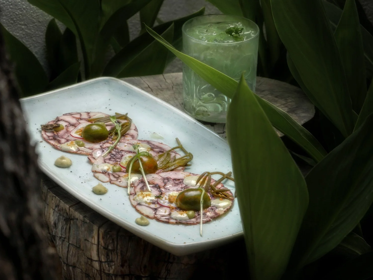 A soulful integration of fine dining and nature at Irida Boutique Hotel, Parga. Features a delicate octopus carpaccio on a patterned blue plate, displayed on a rustic wood trunk and surrounded by lush tropical greenery. In the background, the signatu